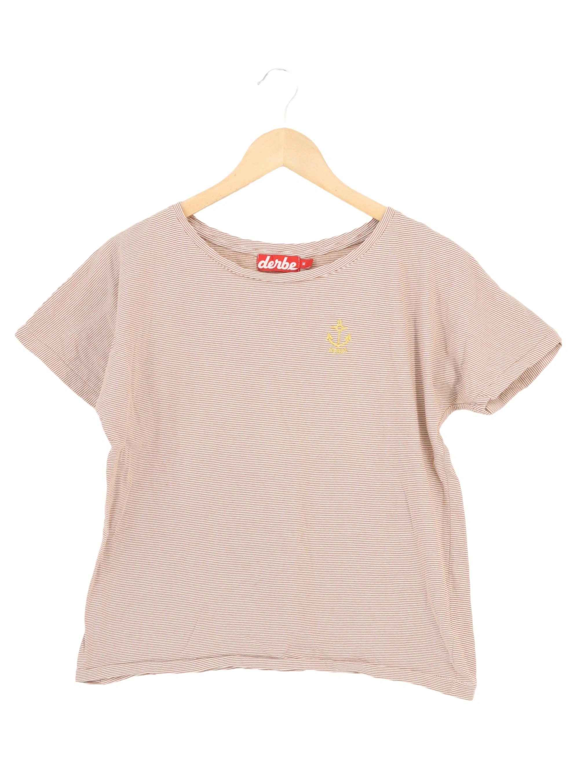 DERBE Damen T-Shirt Gr. 38/M Beige Gestreift Casual Kurzarm 1