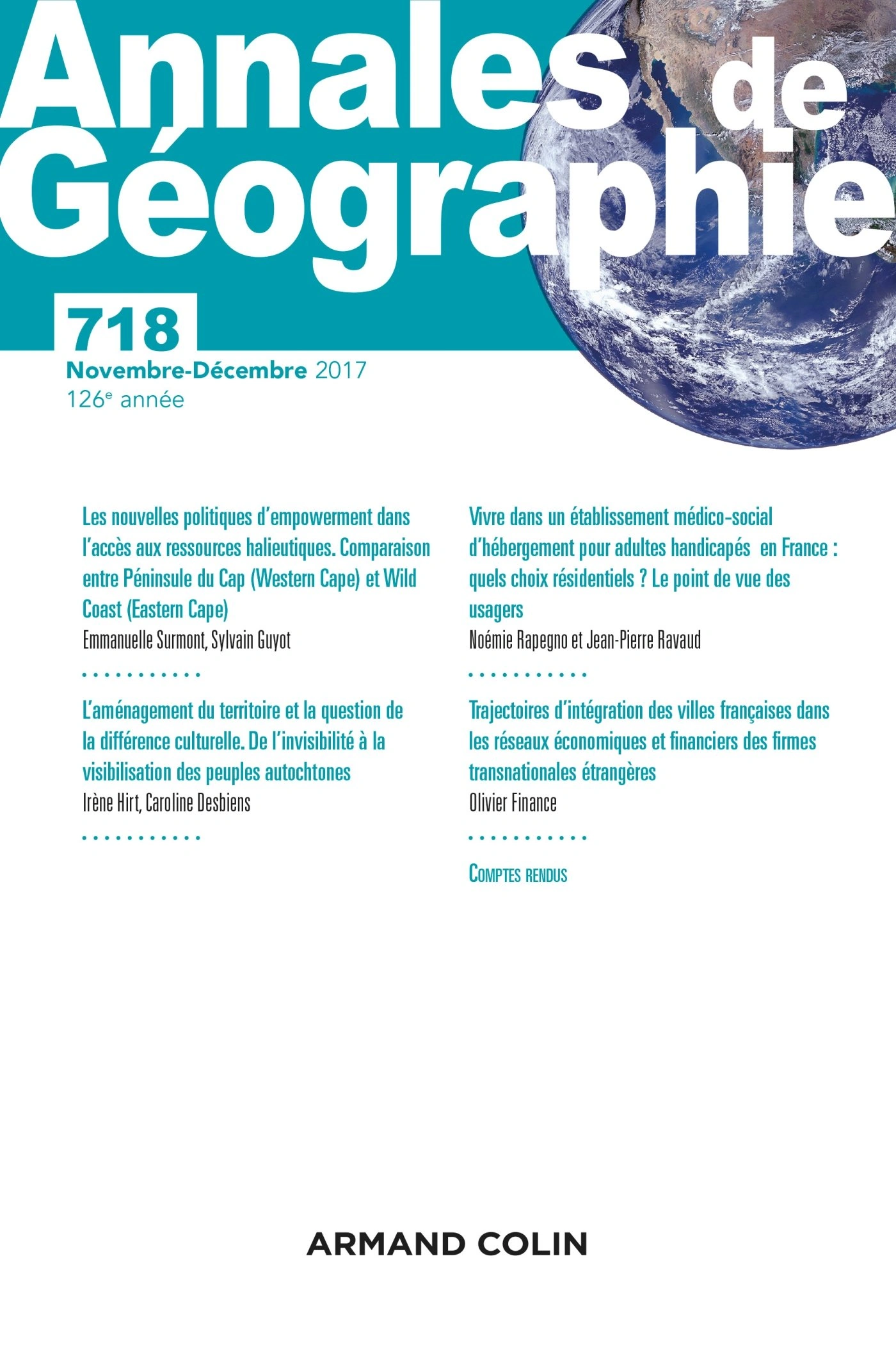 ARMAND COLIN Annales de géographie 718 Geographie Zeitschrift Natur Nov-Dez 2017 1