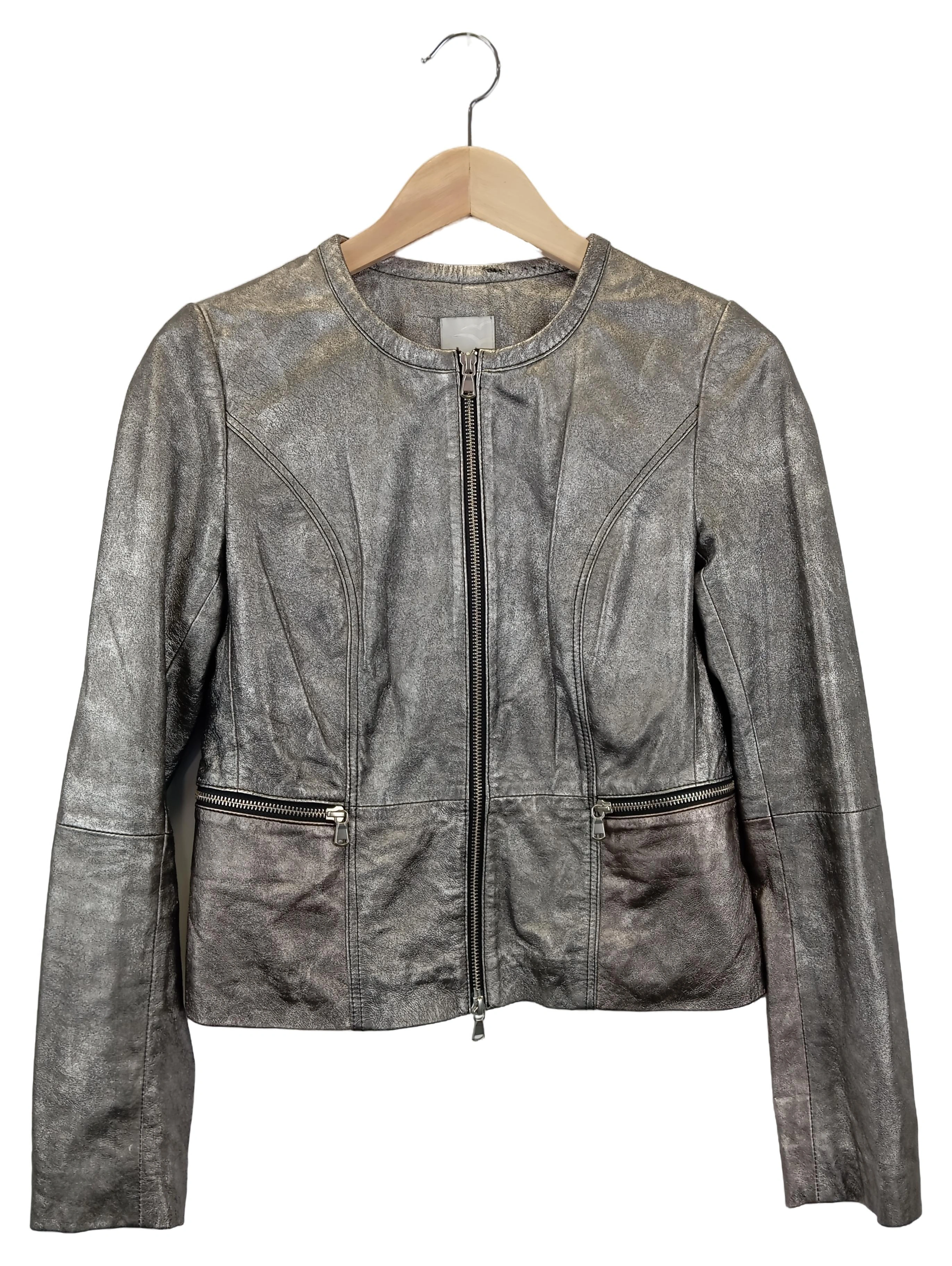ALBA MODA Lederjacke Damen Klassisch Elegant Grau Gr. 34 XXS 1