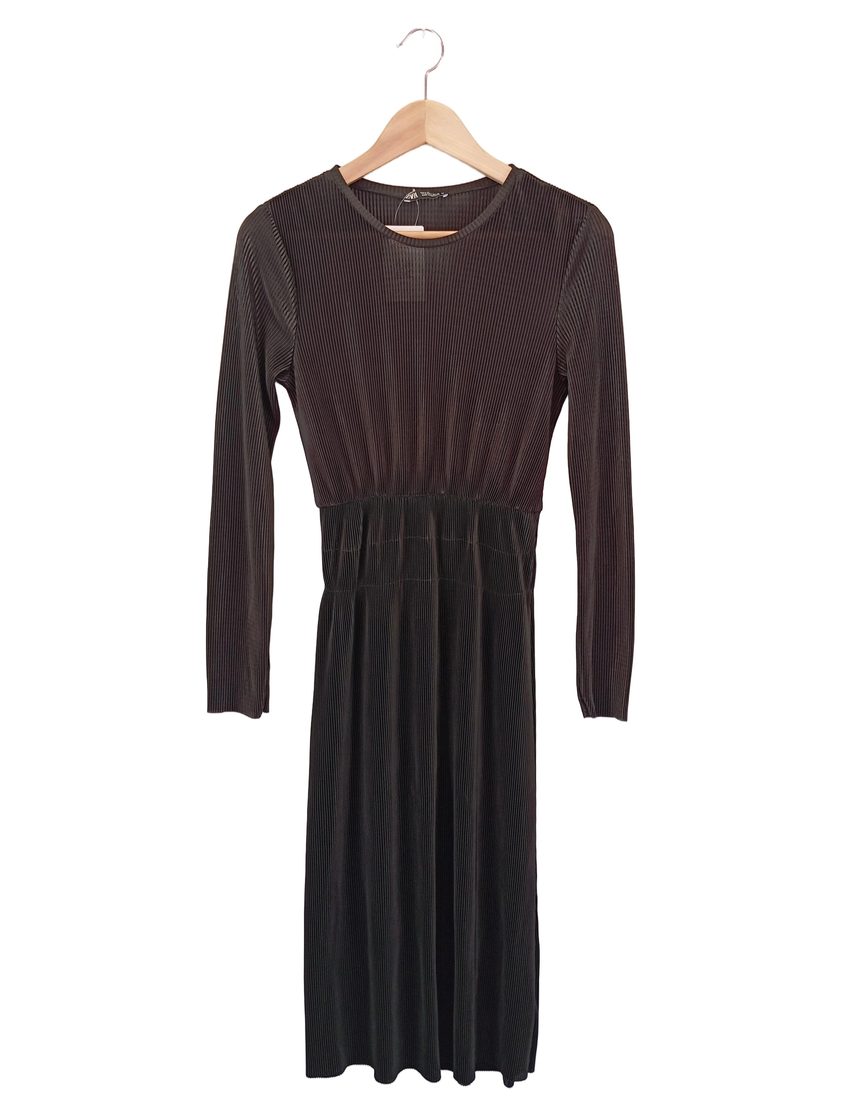 ZARA Strickkleid Damen 36/S Schwarz Rippstrick Elegant Midi 1