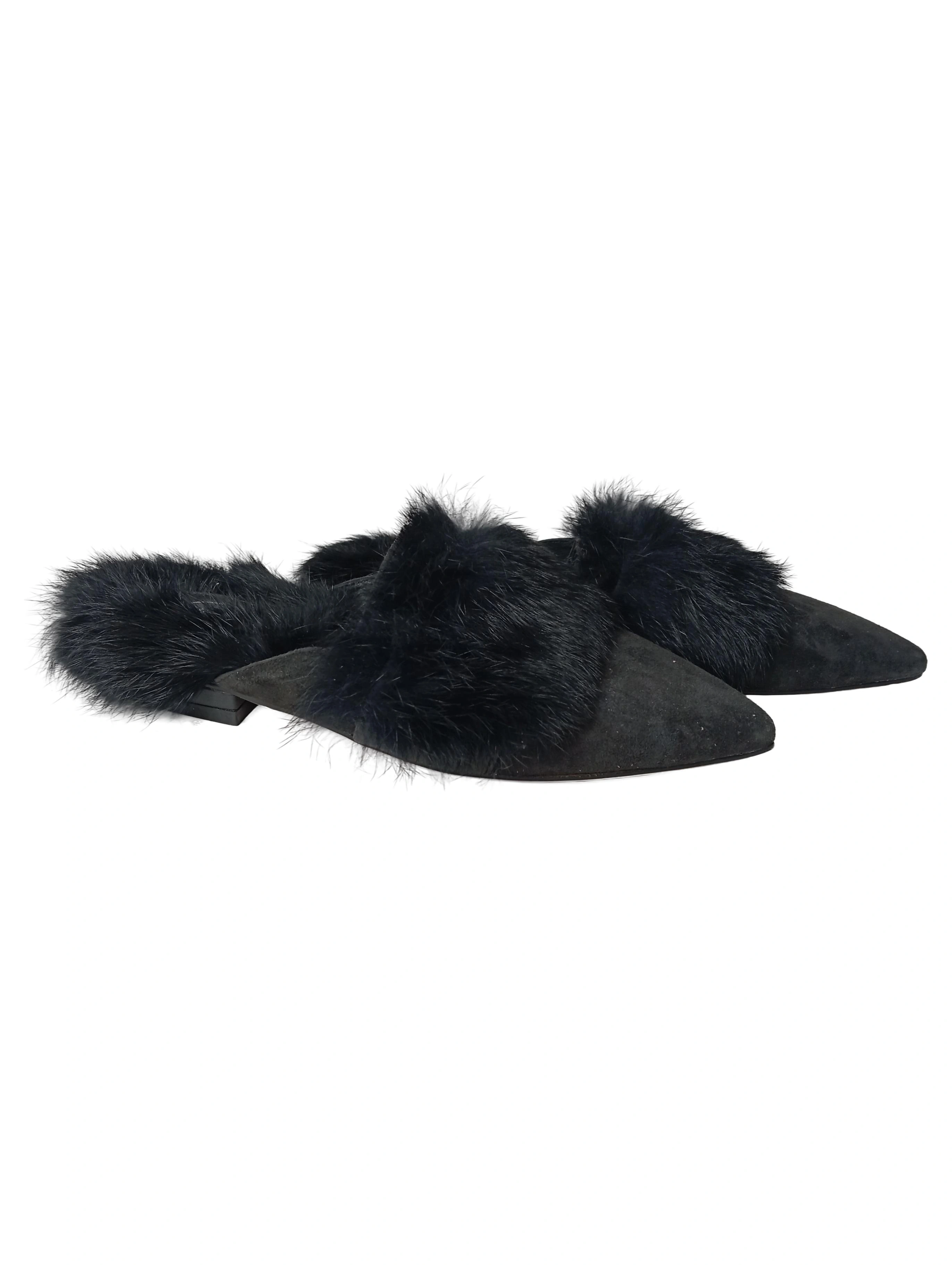 Sí BARCELONA Damen Pantoletten Gr. 36 Schwarz Elegant Fellbesatz Slipper 1