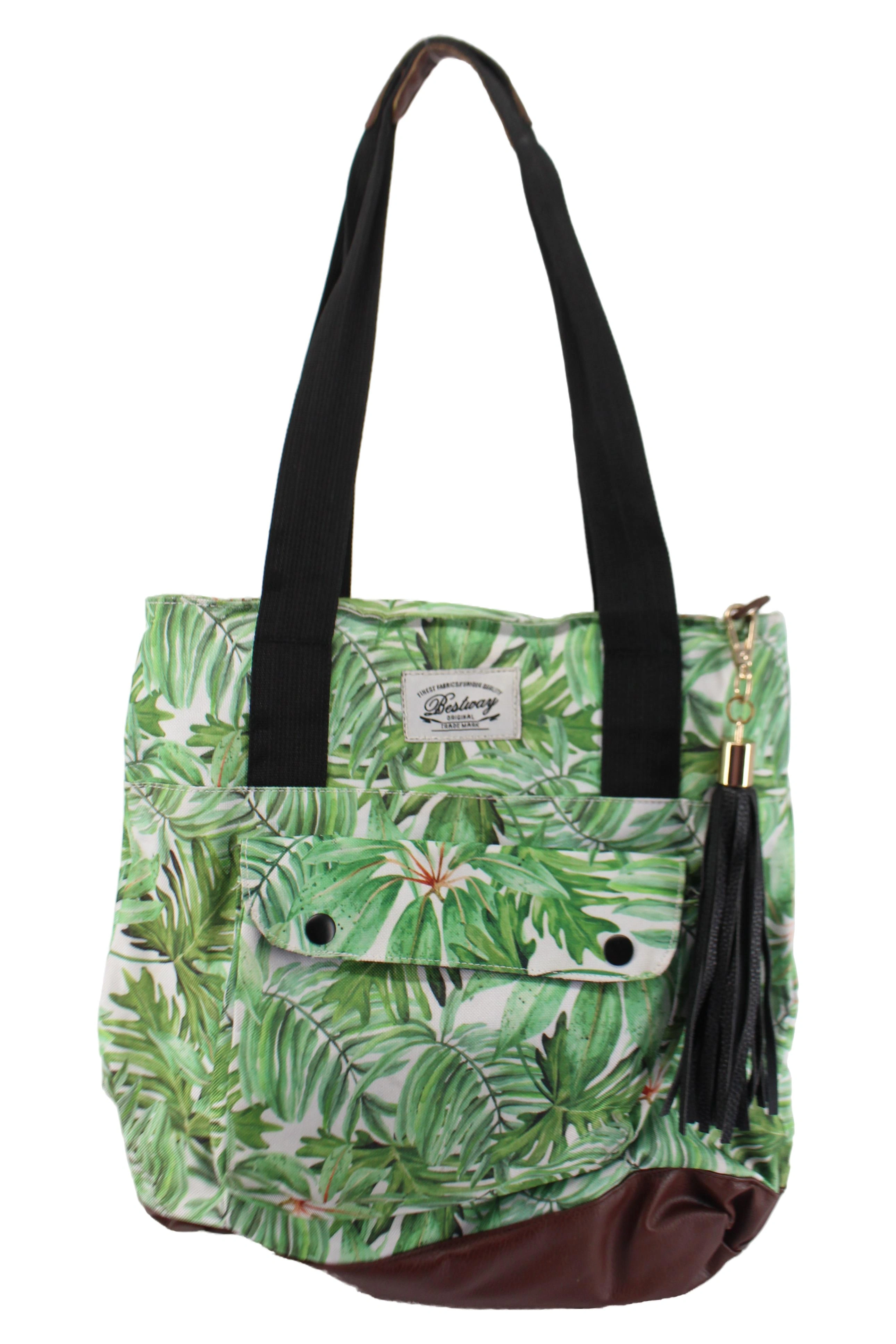 BESTWAY Damen Shopper Tasche Grün Florales Muster Casual Strandtasche 1