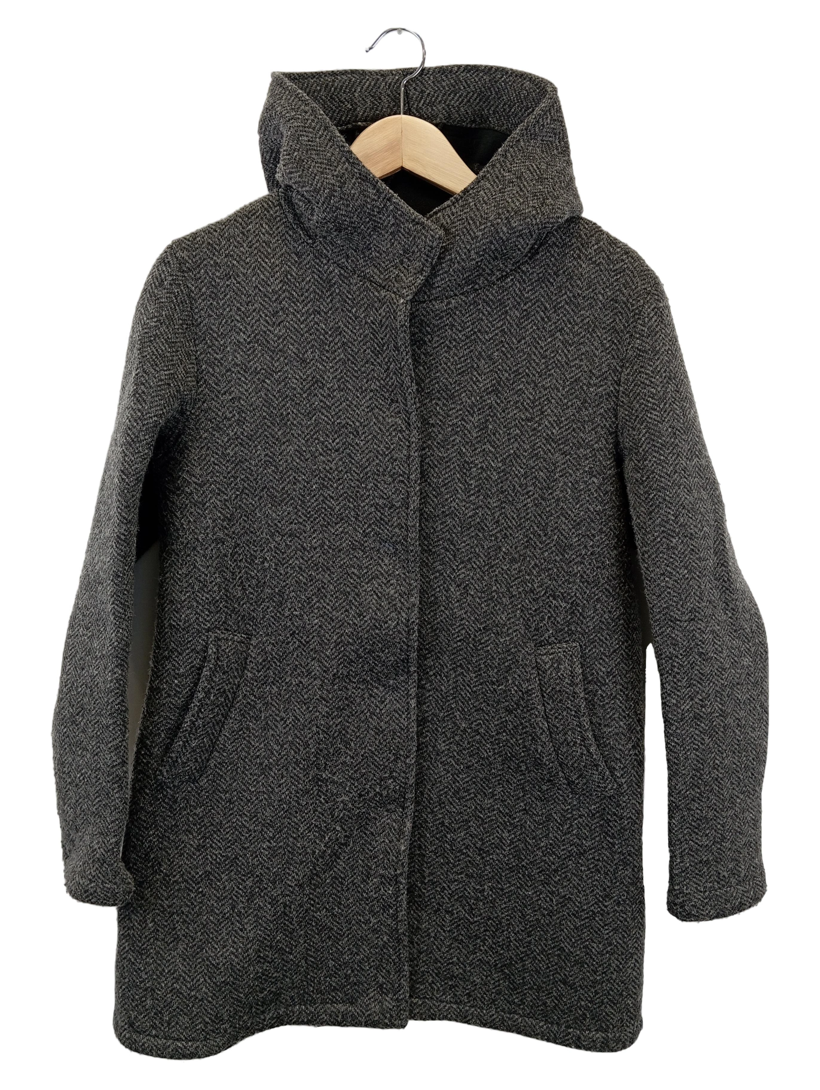 AUST Damen Wollmantel Grau Fischgrätmuster Kapuze Gr. 40/L Klassisch Elegant 1