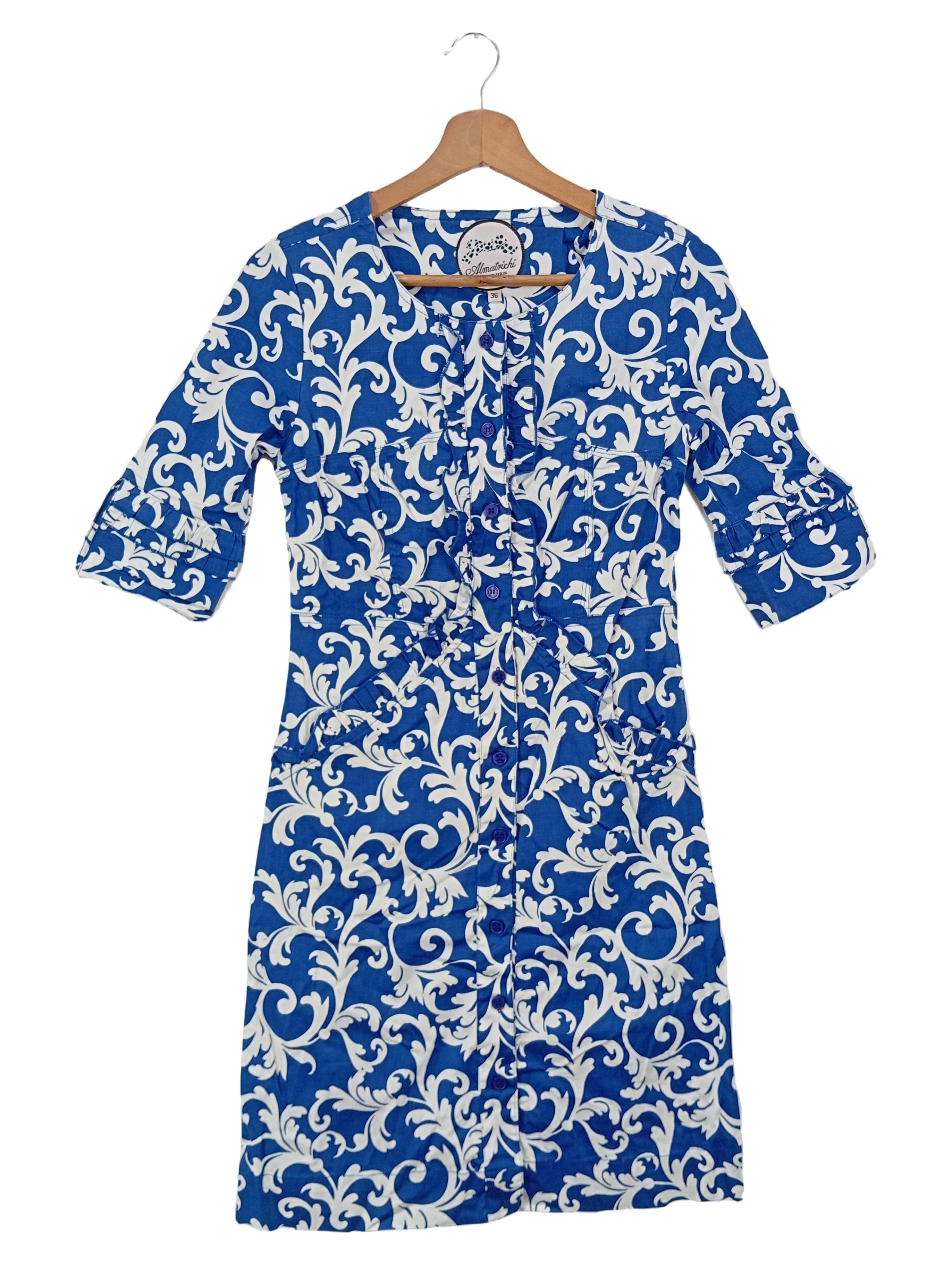 ALMATRICHI Damen Blusenkleid Gr. 36/S Blau Weiß Floral Baumwolle Elegant 1