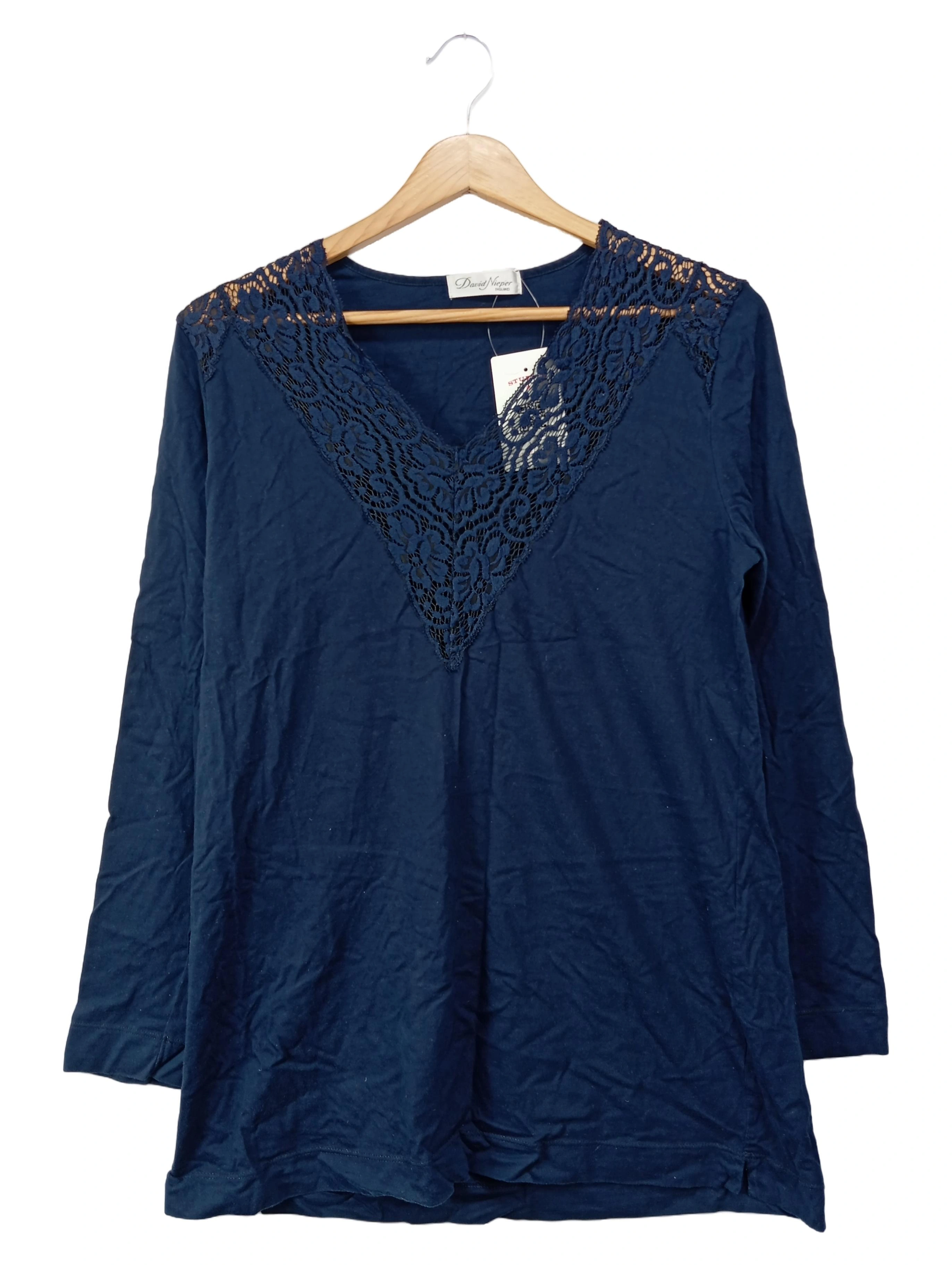 DAVID NIEPER Damen Langarmshirt Gr. 38/M Blau Elegant Spitze Baumwolle 1