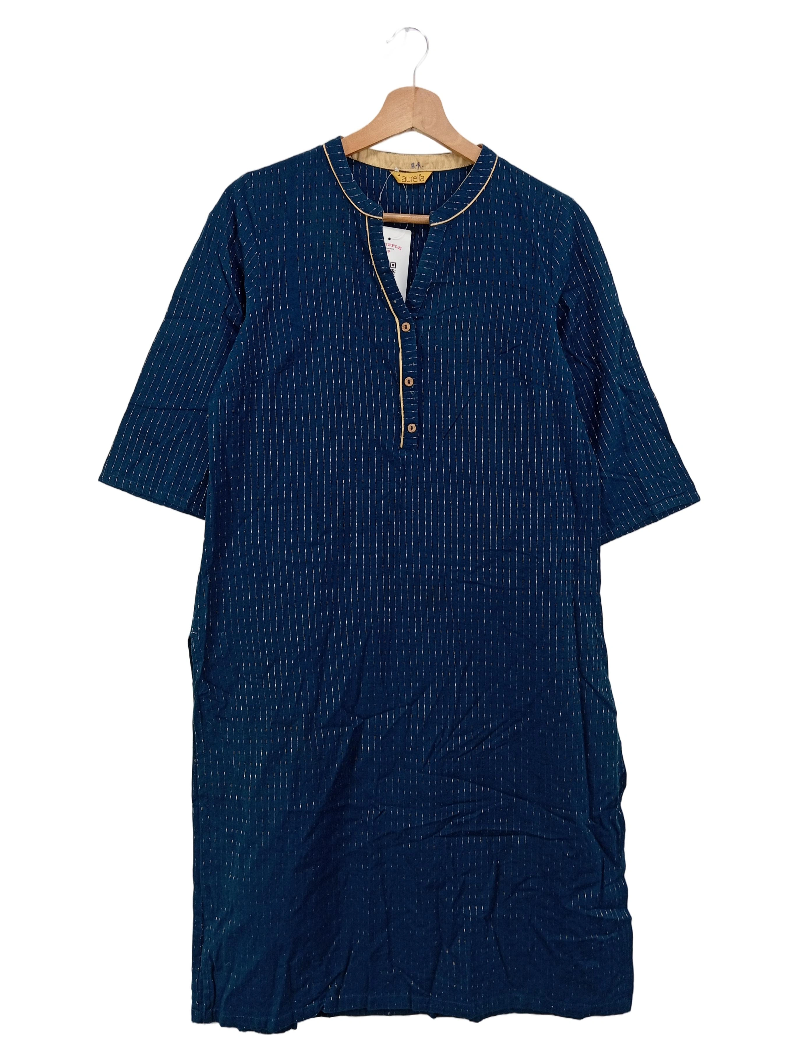 AURELIA Blusenkleid Damen 40/L Blau Gestreift Bohemian Baumwolle Midi 1