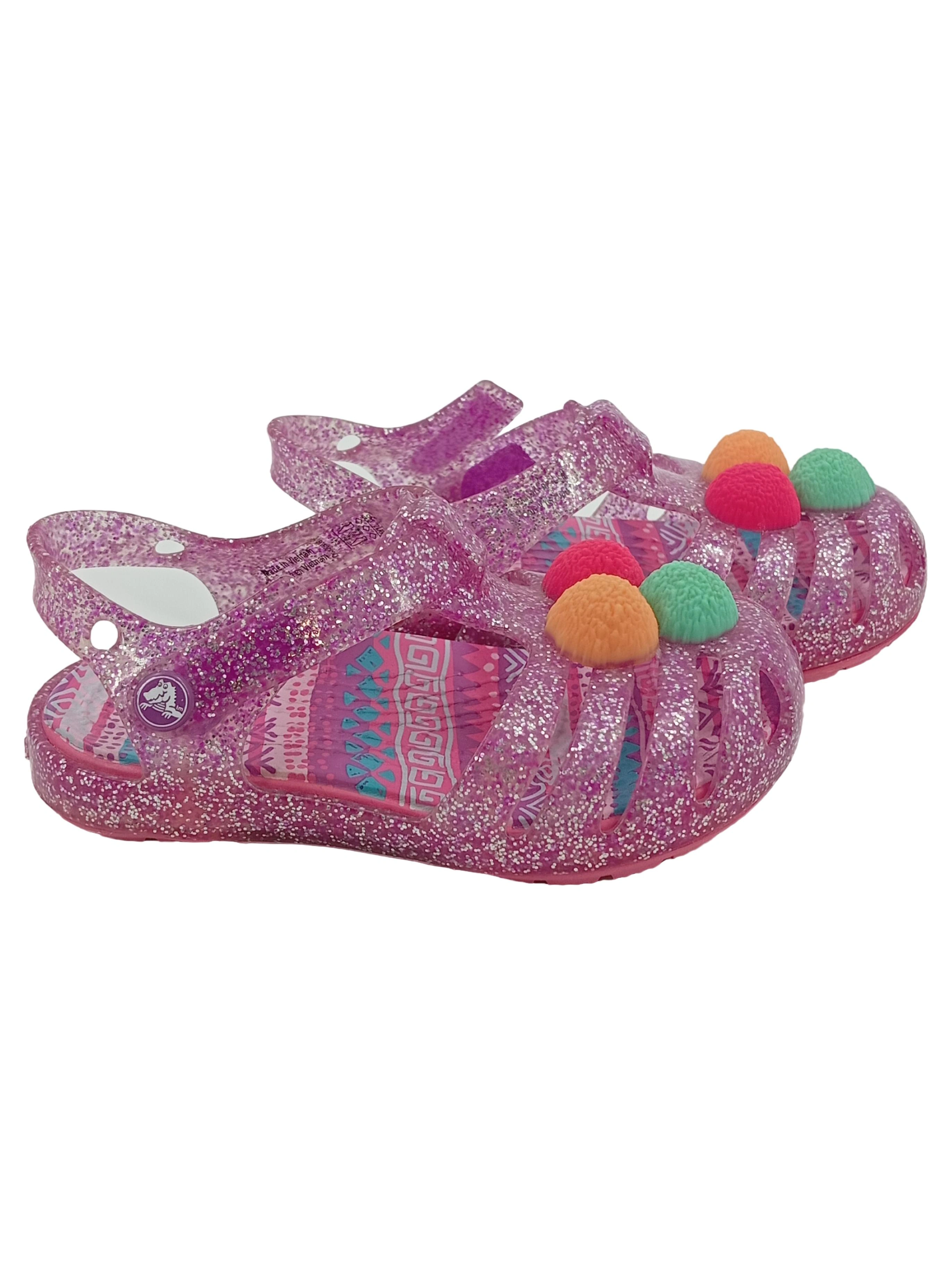 CROCS Kinder Badeschuhe Sandalen Rosa Glitzer Pompons Gr. 20 1