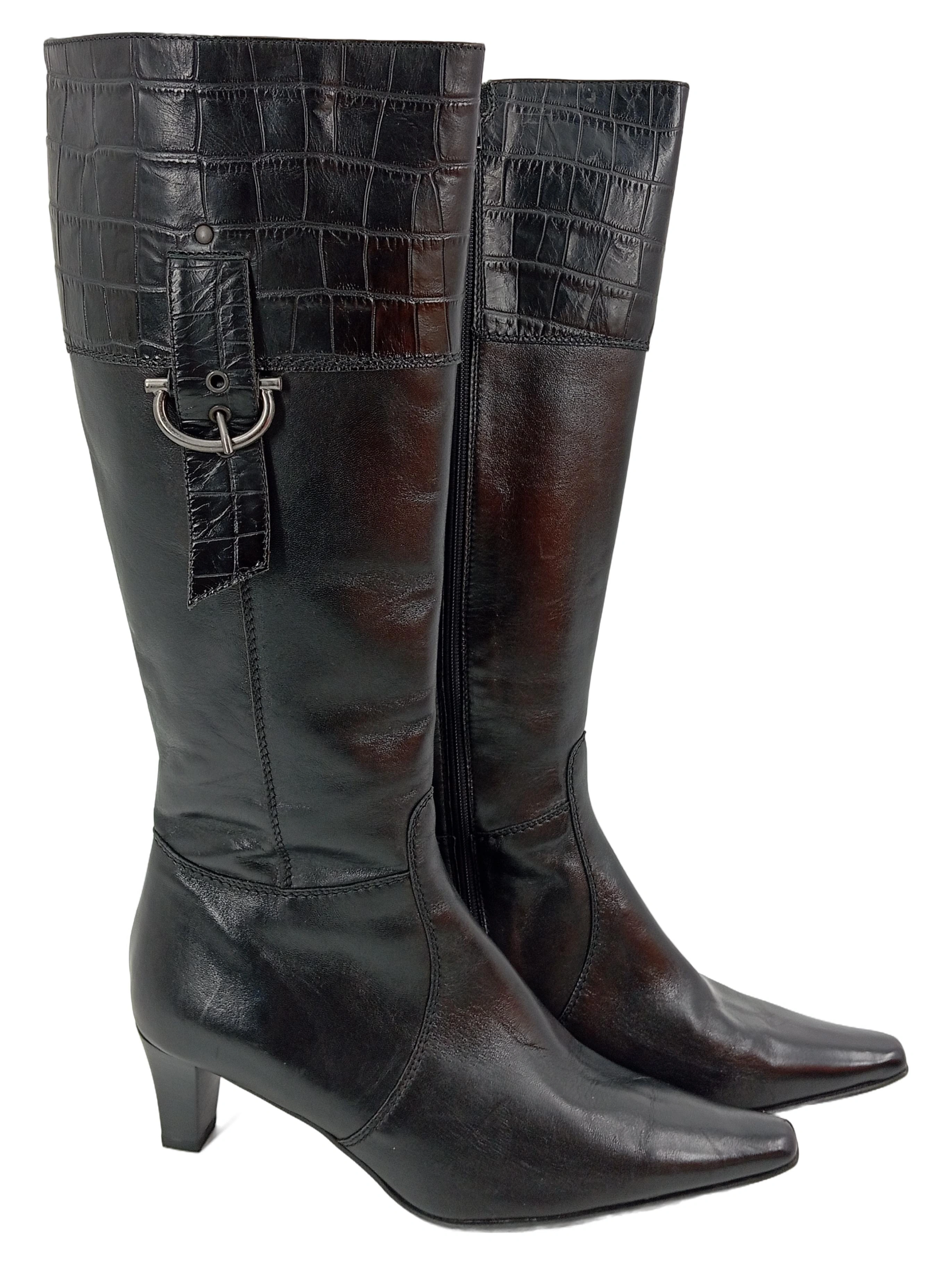VALLEVERDE Damen Stiefel 36.5 Schwarz Leder Kroko-Optik Elegant Klassisch 1