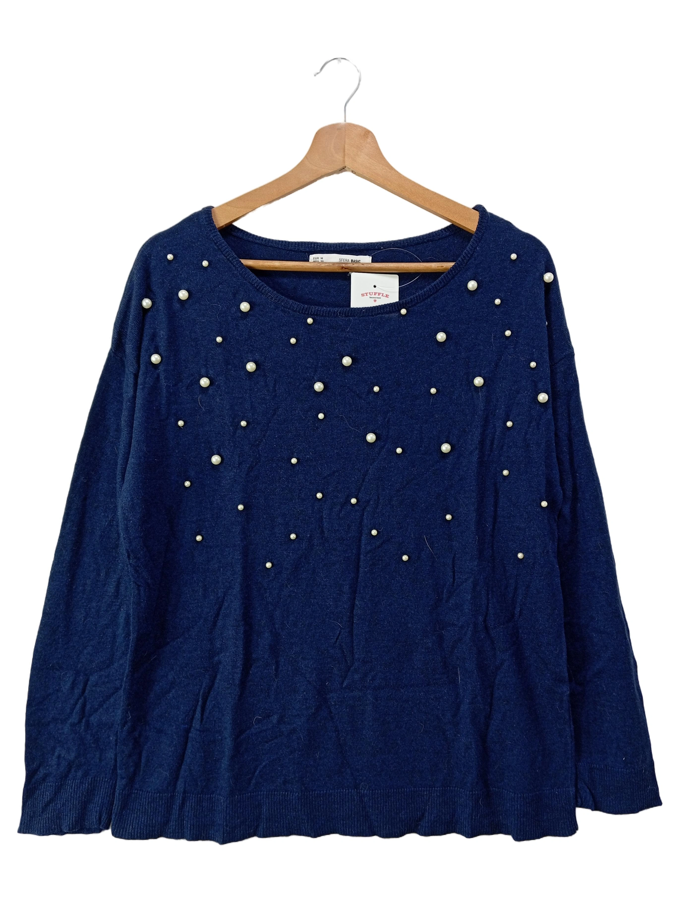 Sfera Basic Damen Pullover Gr. 38/M Blau Perlen Elegant Klassisch 1