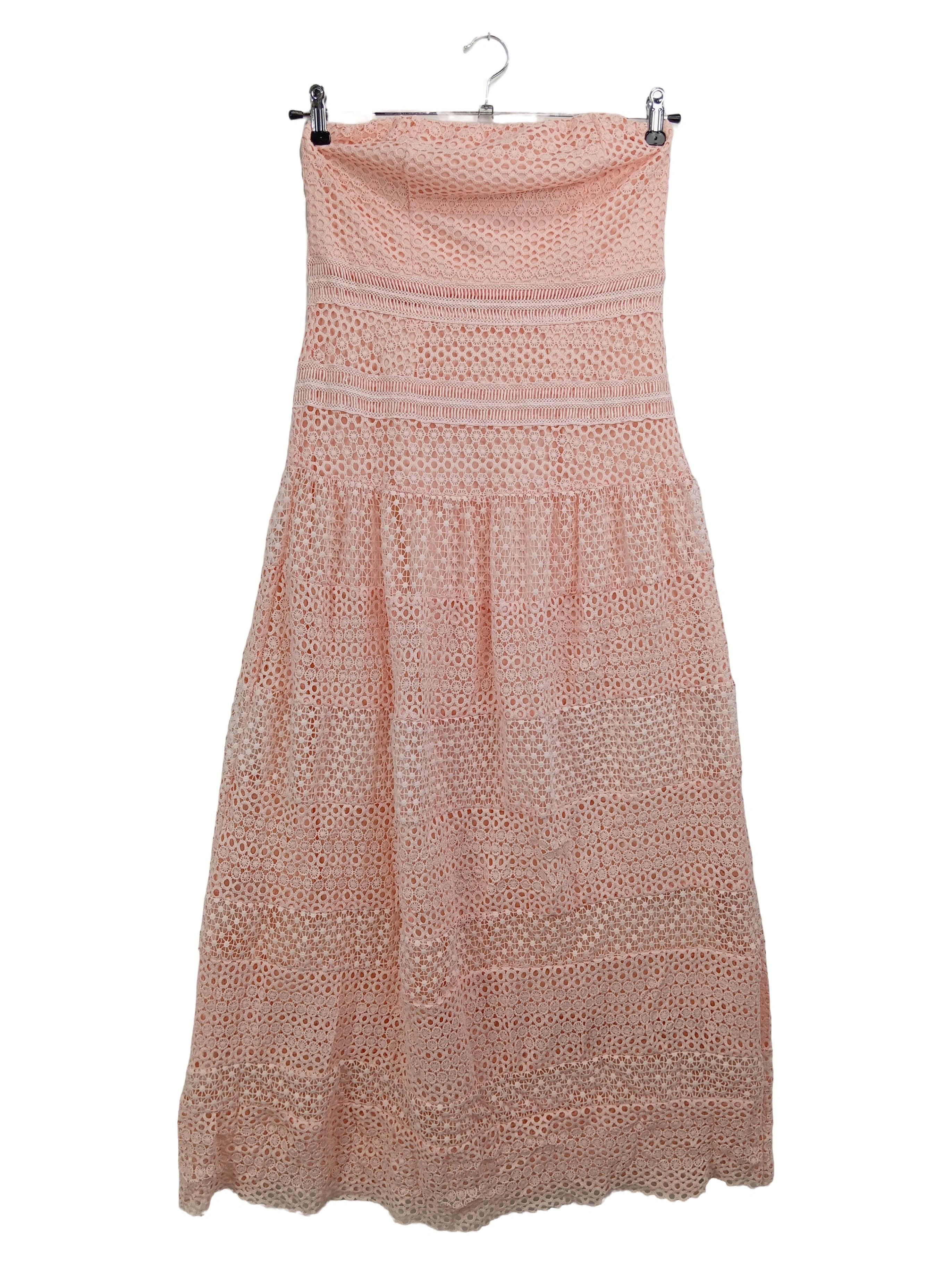 DANITY festliches Maxikleid Gr. 38/M Rosa Lochmuster Elegant Rüschen Spitze 1