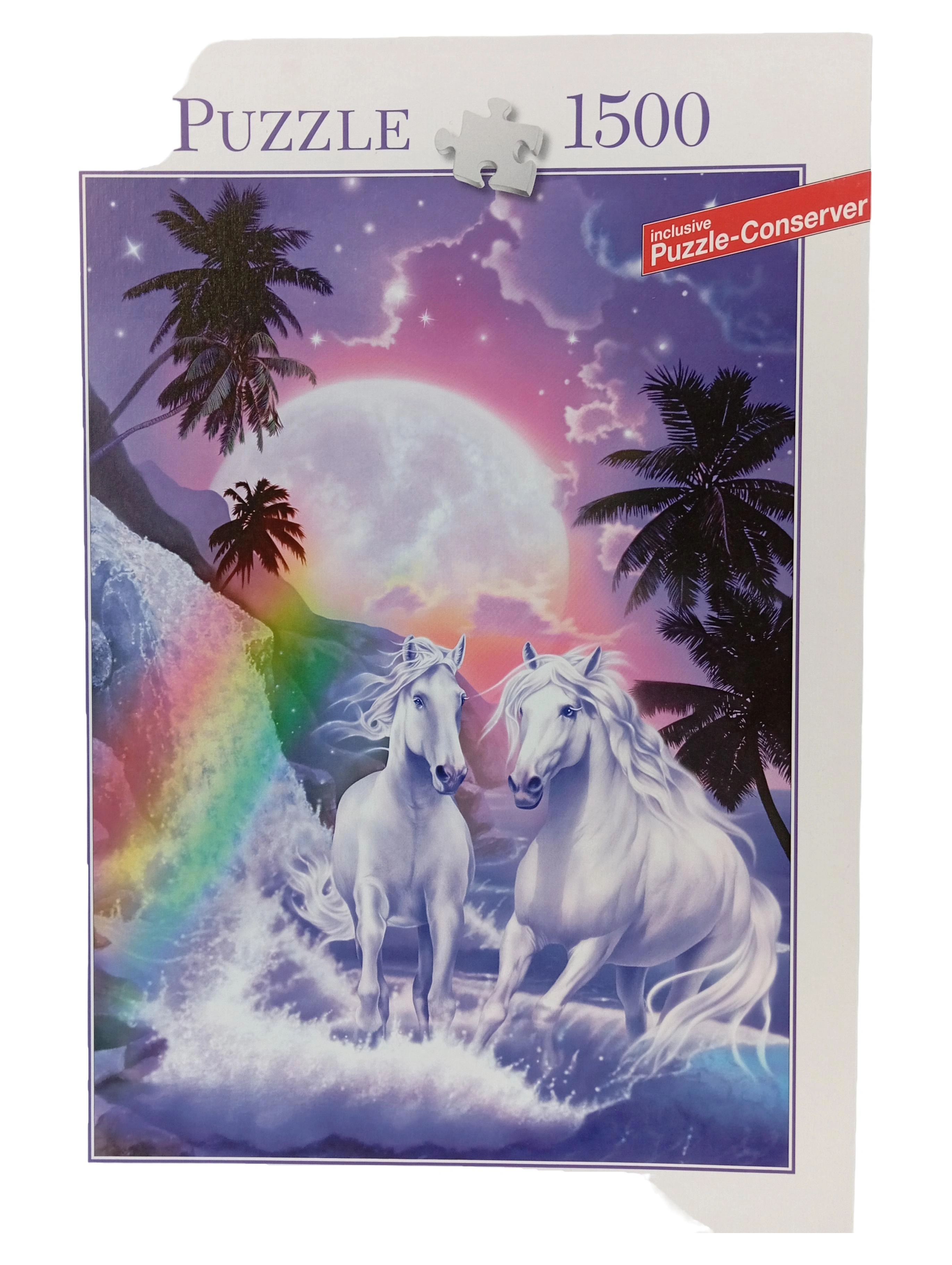 Blatz Puzzle 1500 Teile Weiße Pferde Regenbogen Mond Tropisch NEU 1