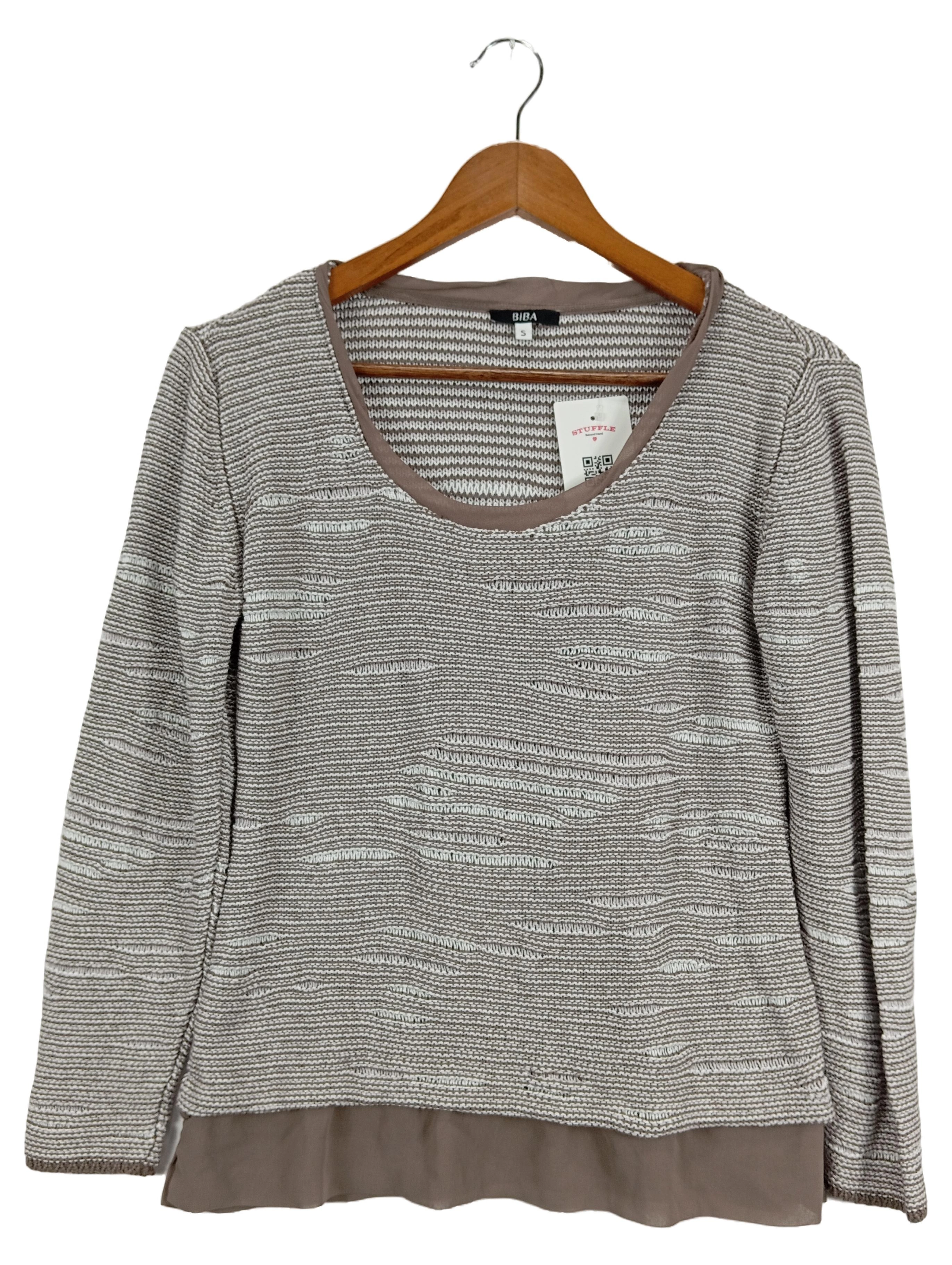 BIBA Damen Pullover Gr. 36/S Grau Meliert Strickmuster Casual Langarm 1