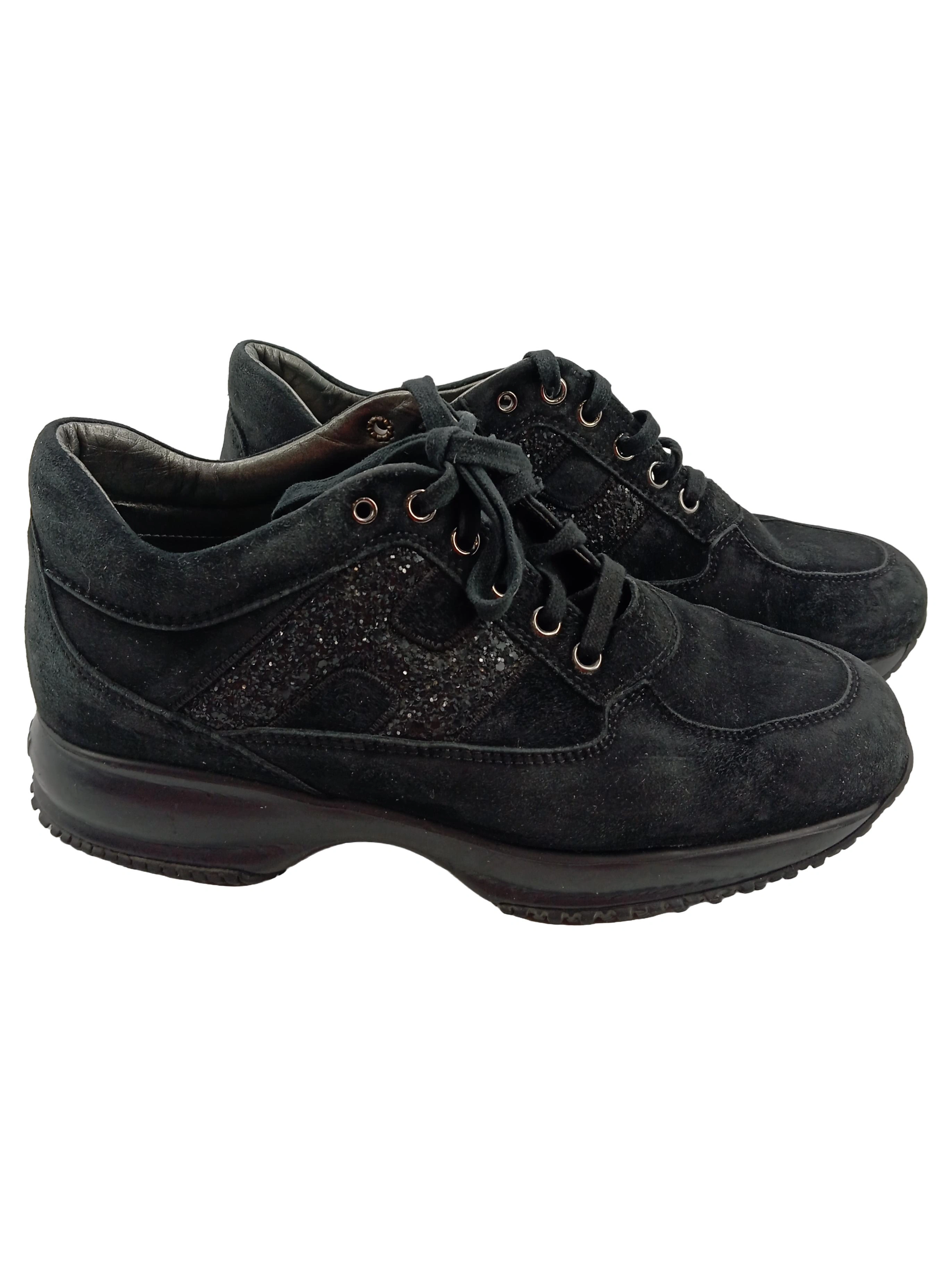 HOGAN Schnürschuhe Damen 36 Schwarz Casual Sportlich Glitzer Sneaker 1