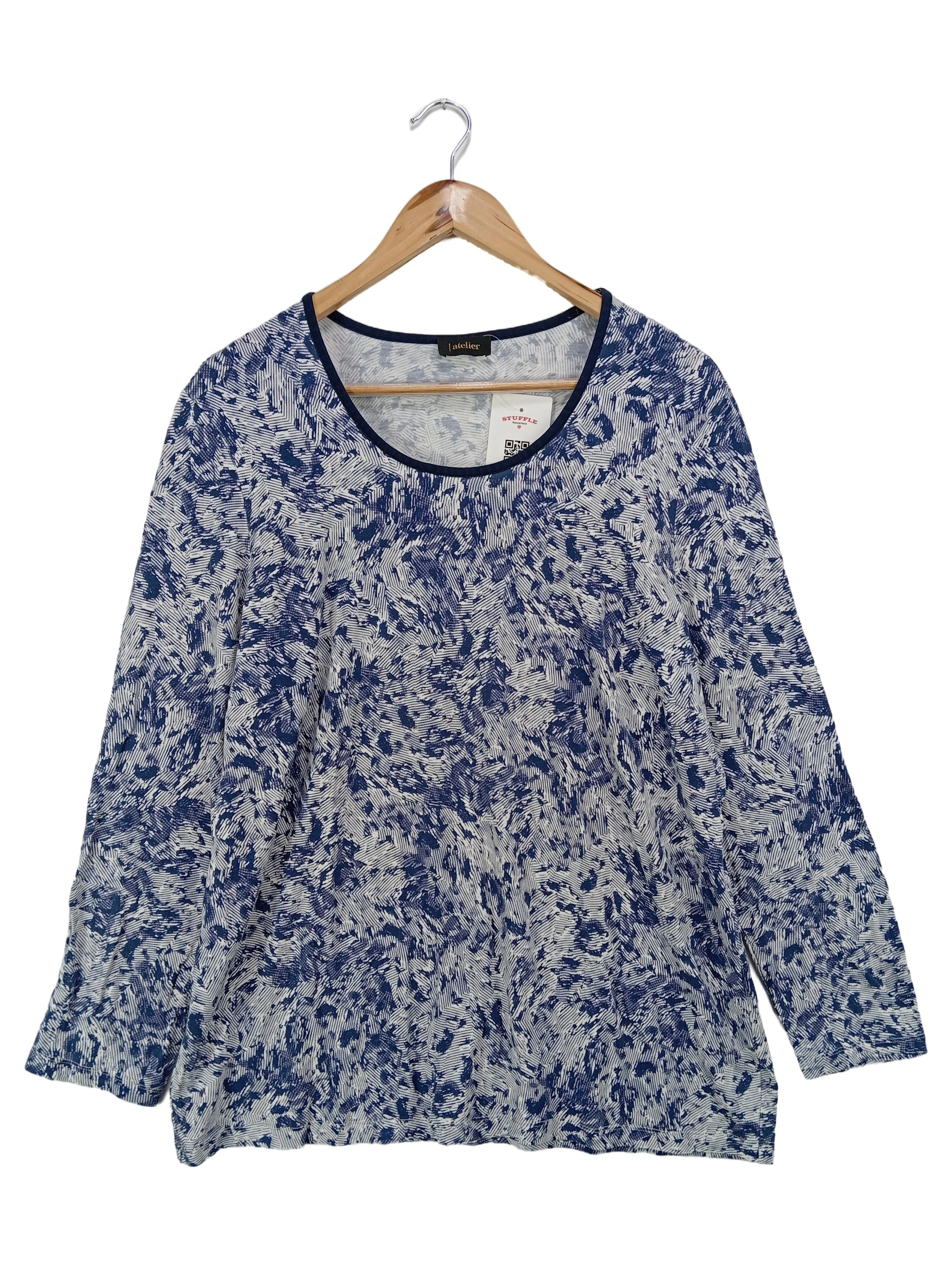 ATELIER GS Damen Langarmshirt Gr. 46/L Blau Abstrakt Casual Viskose Basic 1