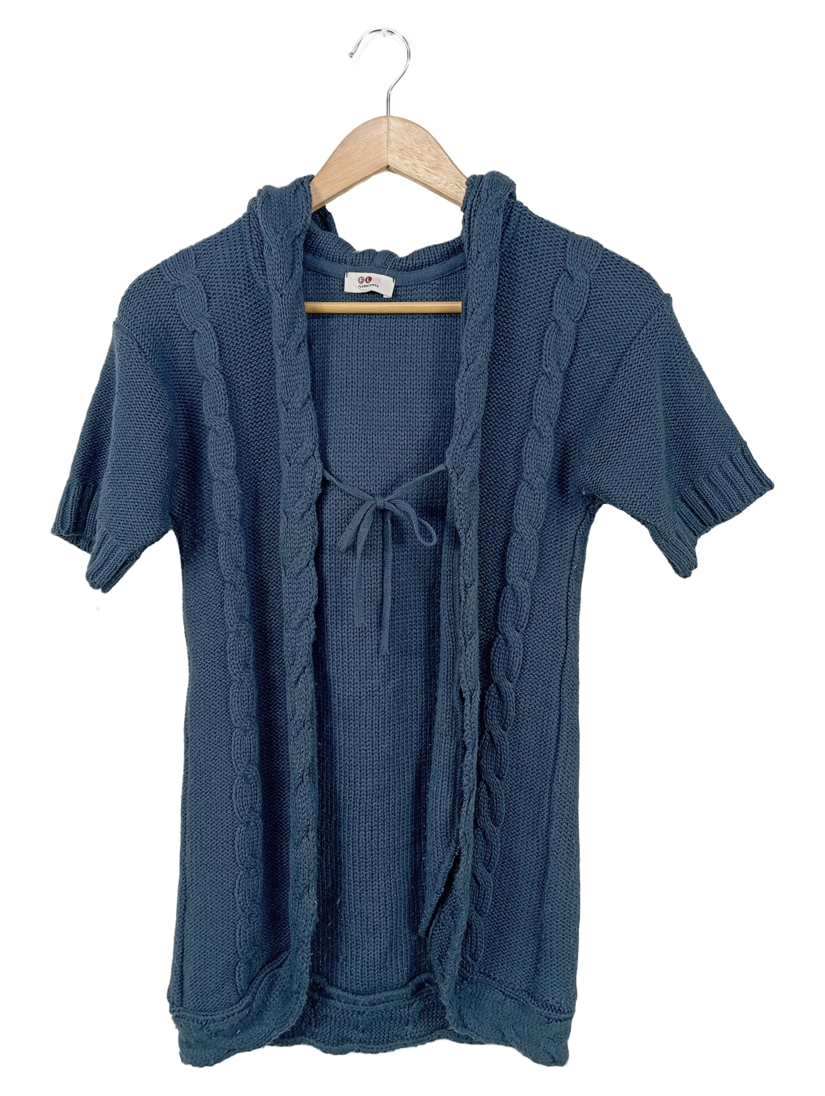 Flashlights Damen Strickjacke Gr. 36/38 Blau Kapuze Zopfmuster Kurzarm 1