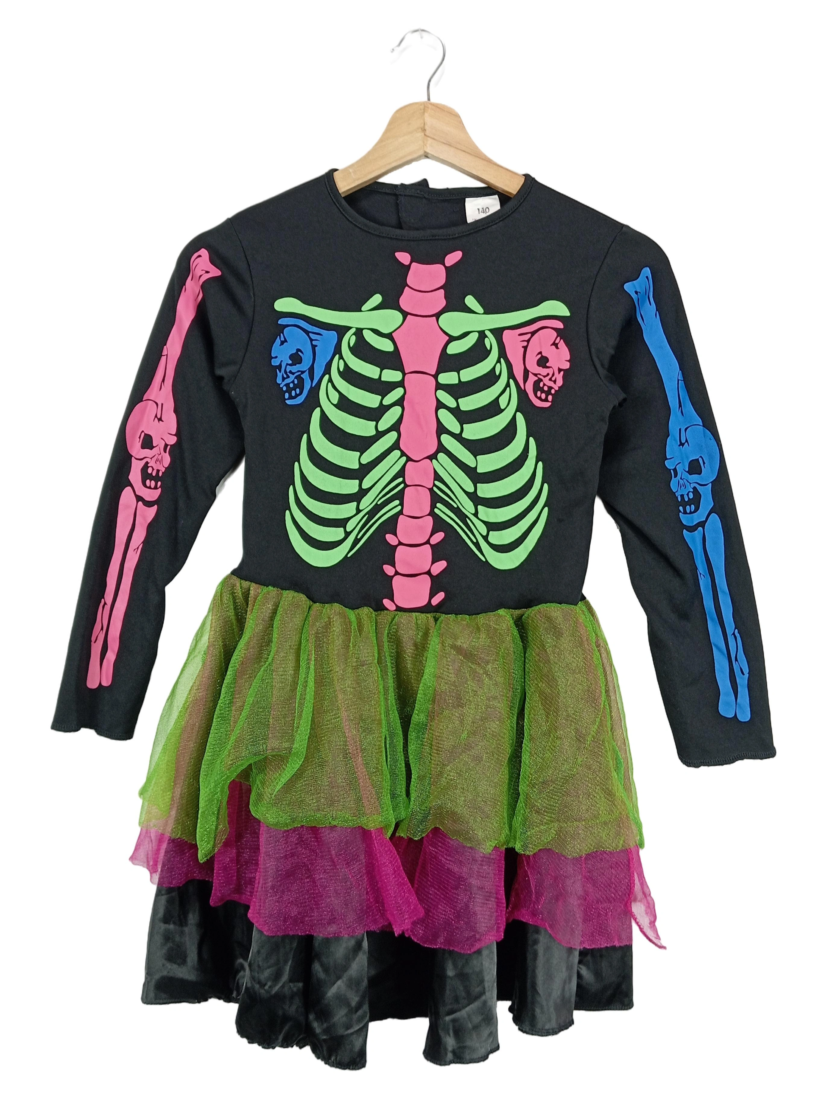 FRIES Skelett Kostüm Kleid Mädchen Gr. 140 Halloween Neon Tütü 1