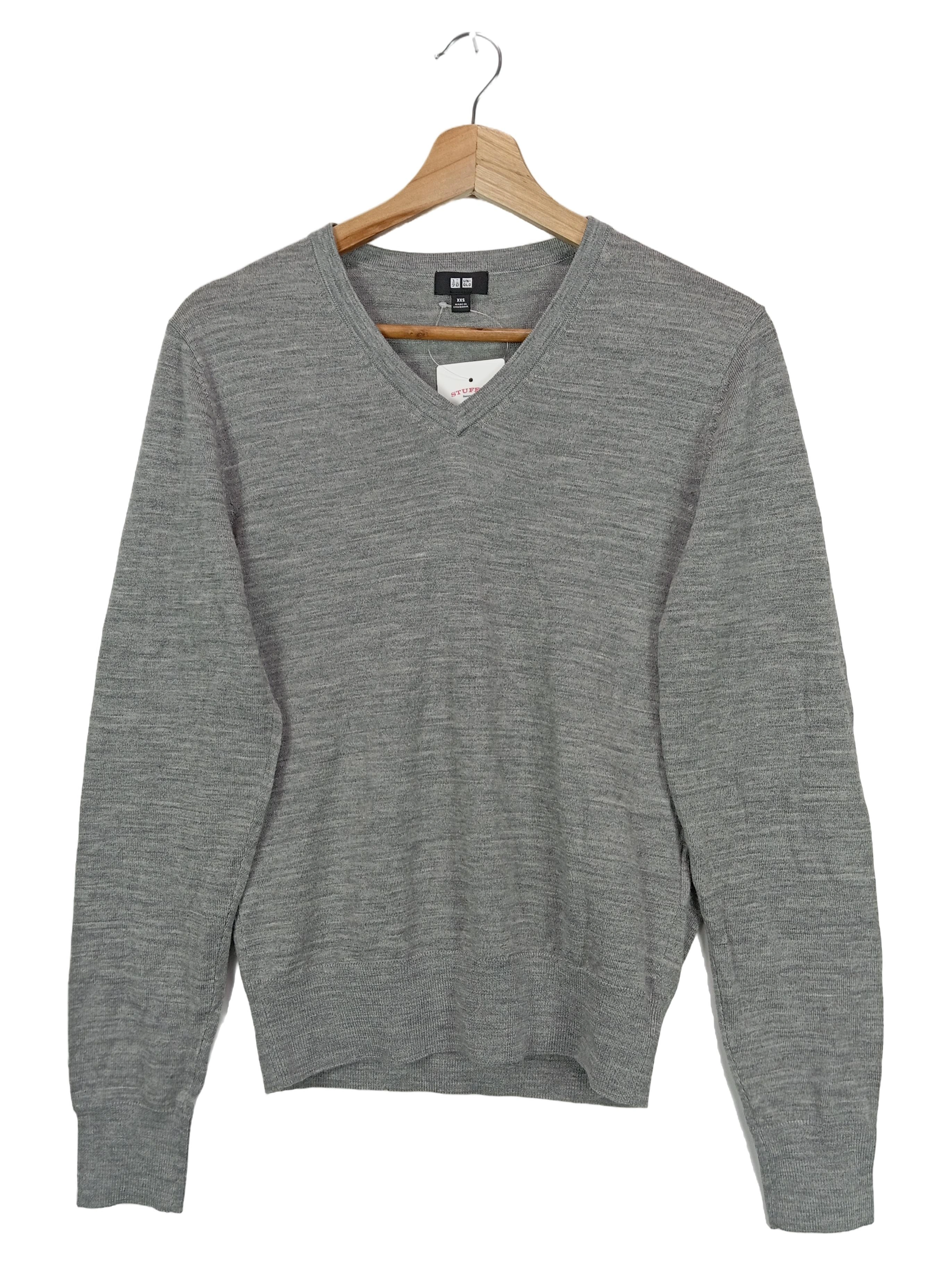 UNIQLO Damen Pullover V-Ausschnitt Grau Wolle Gr. 32/XXS Basic Casual 1