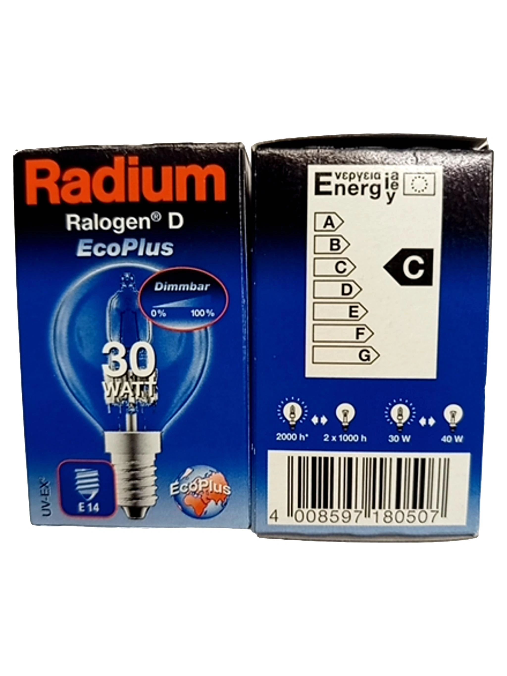 Radium Ralogen D EcoPlus Halogenlampe 30W E14 Kugel Dimmbar Transparent 1