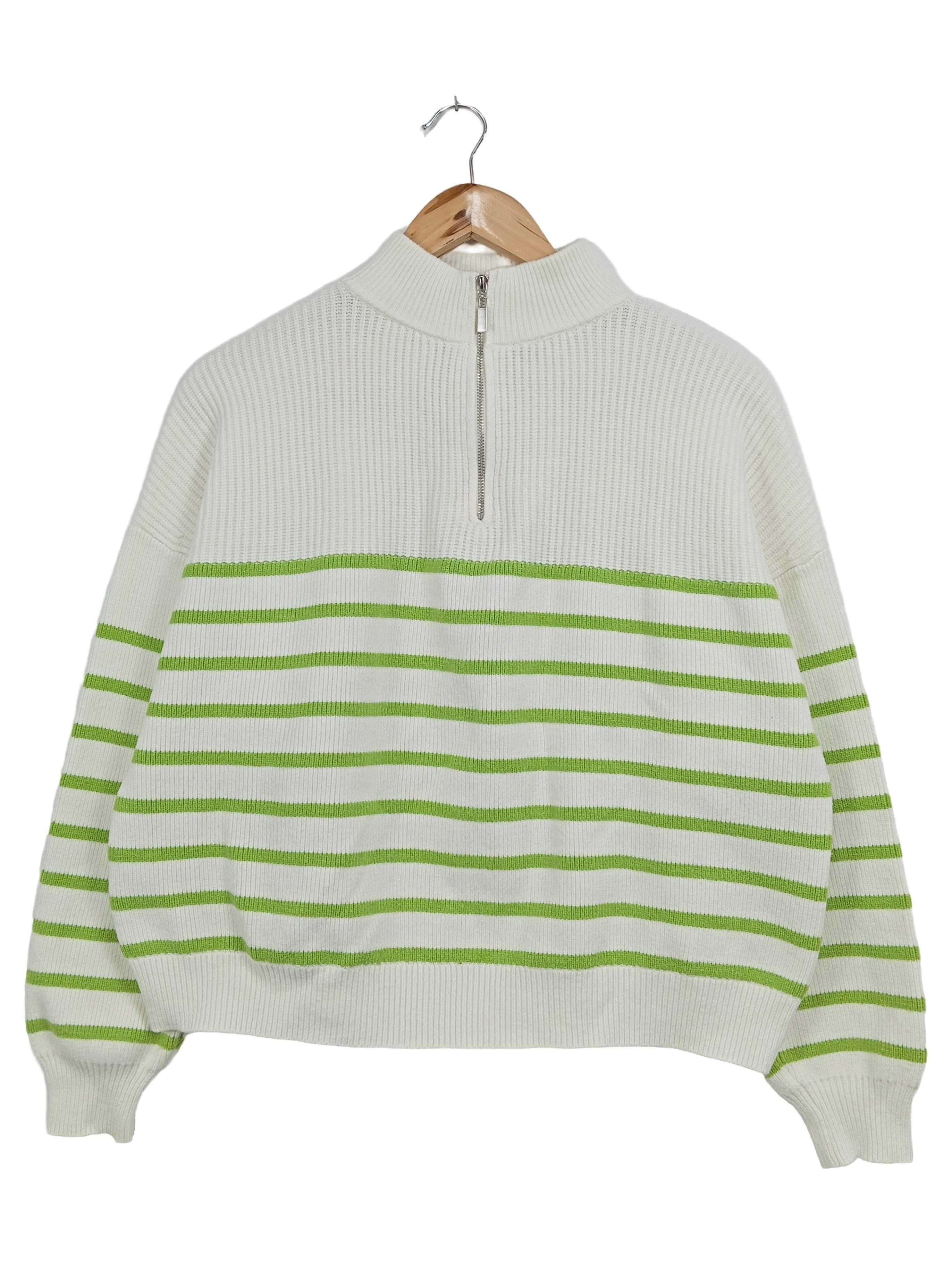 MANGO Damen Strickpullover Gr. 34/XS Weiß Gestreift Half-Zip Casual 1