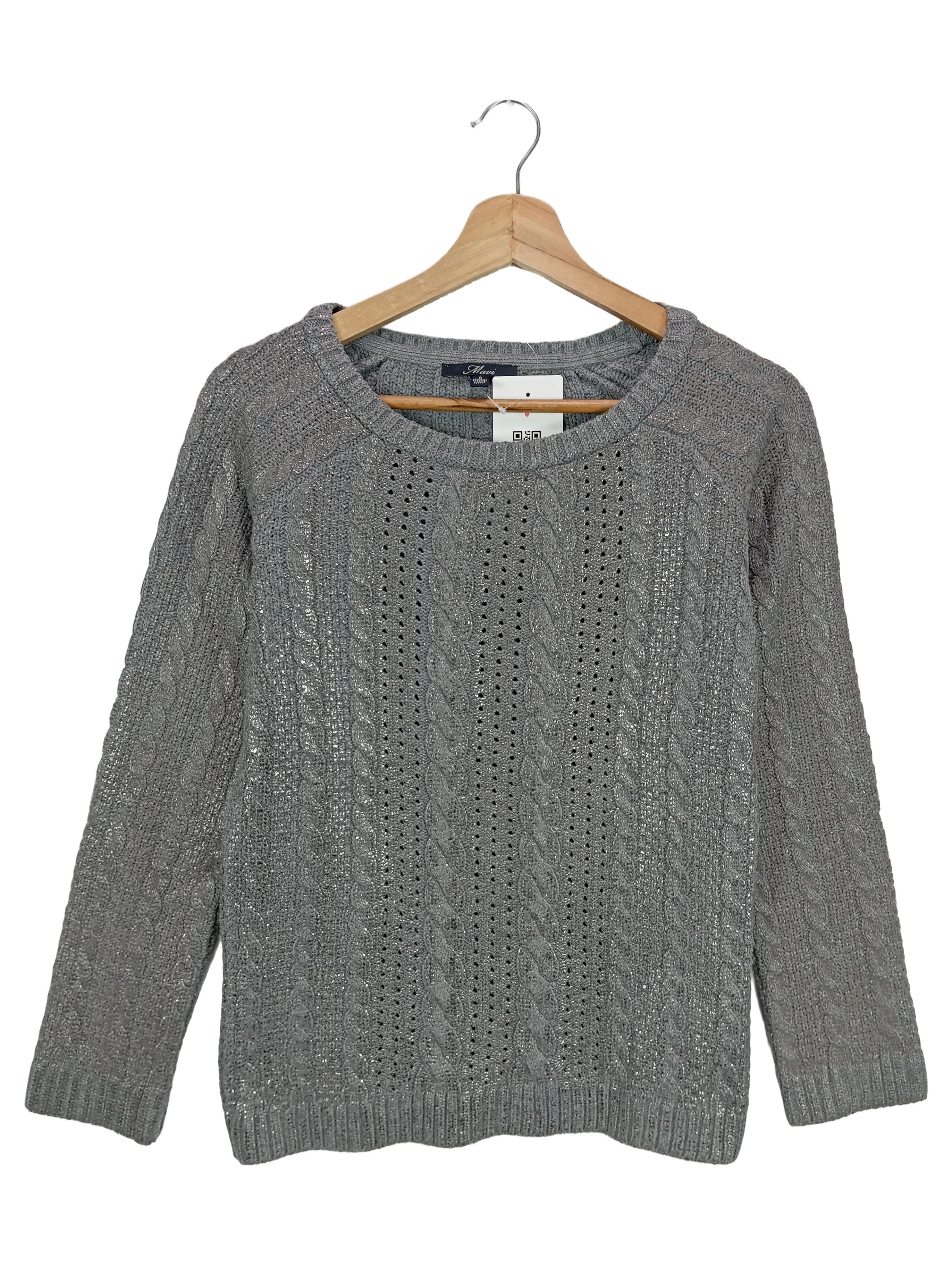 Mavi Damen Pullover Grau S Zopfstrick Lochmuster Glitzer Langarm Basic 1