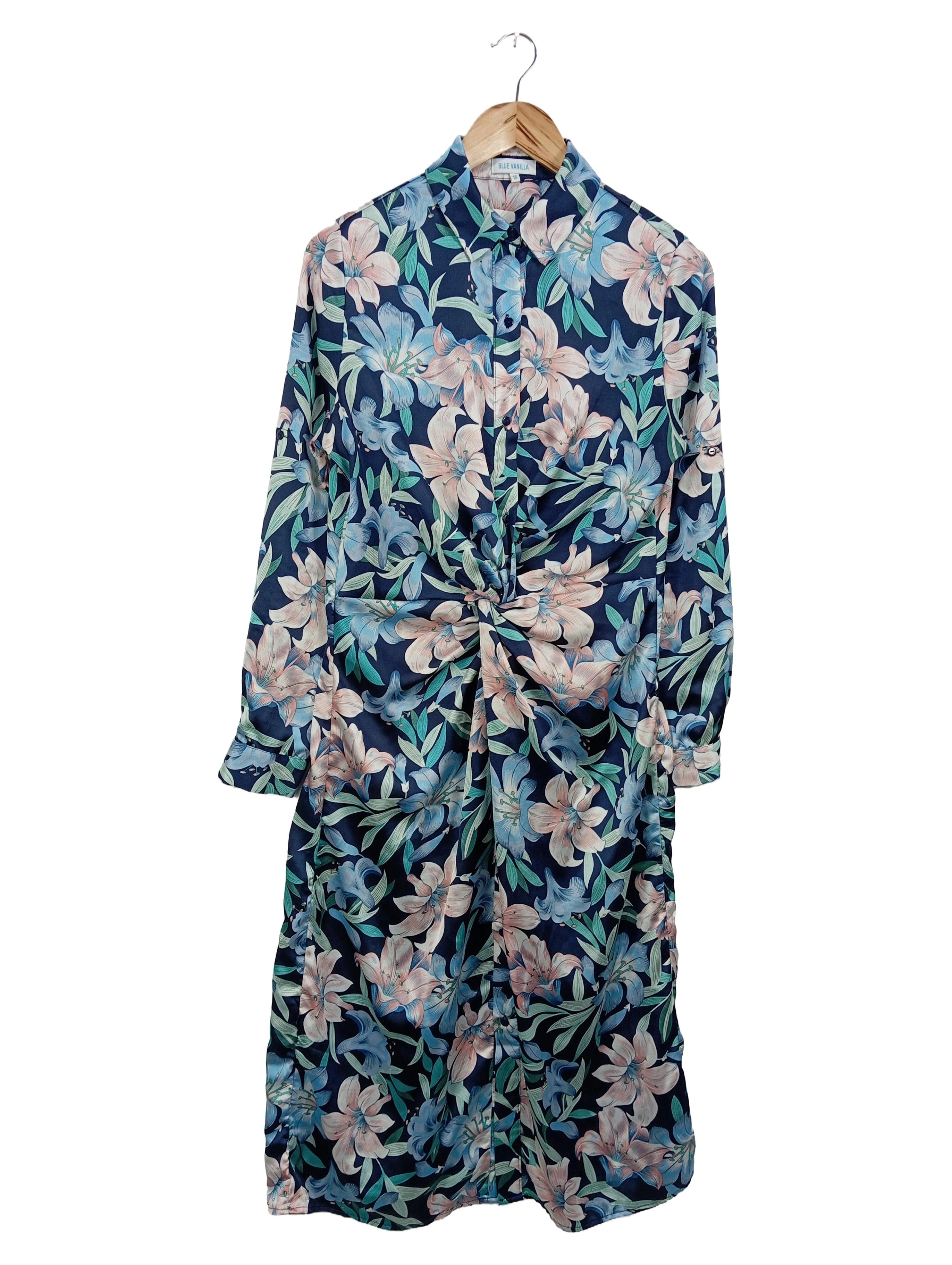 BLUE VANILLA Damen Blusenkleid 38/M Blau Floral Blumenmuster Midikleid Bohemian 1