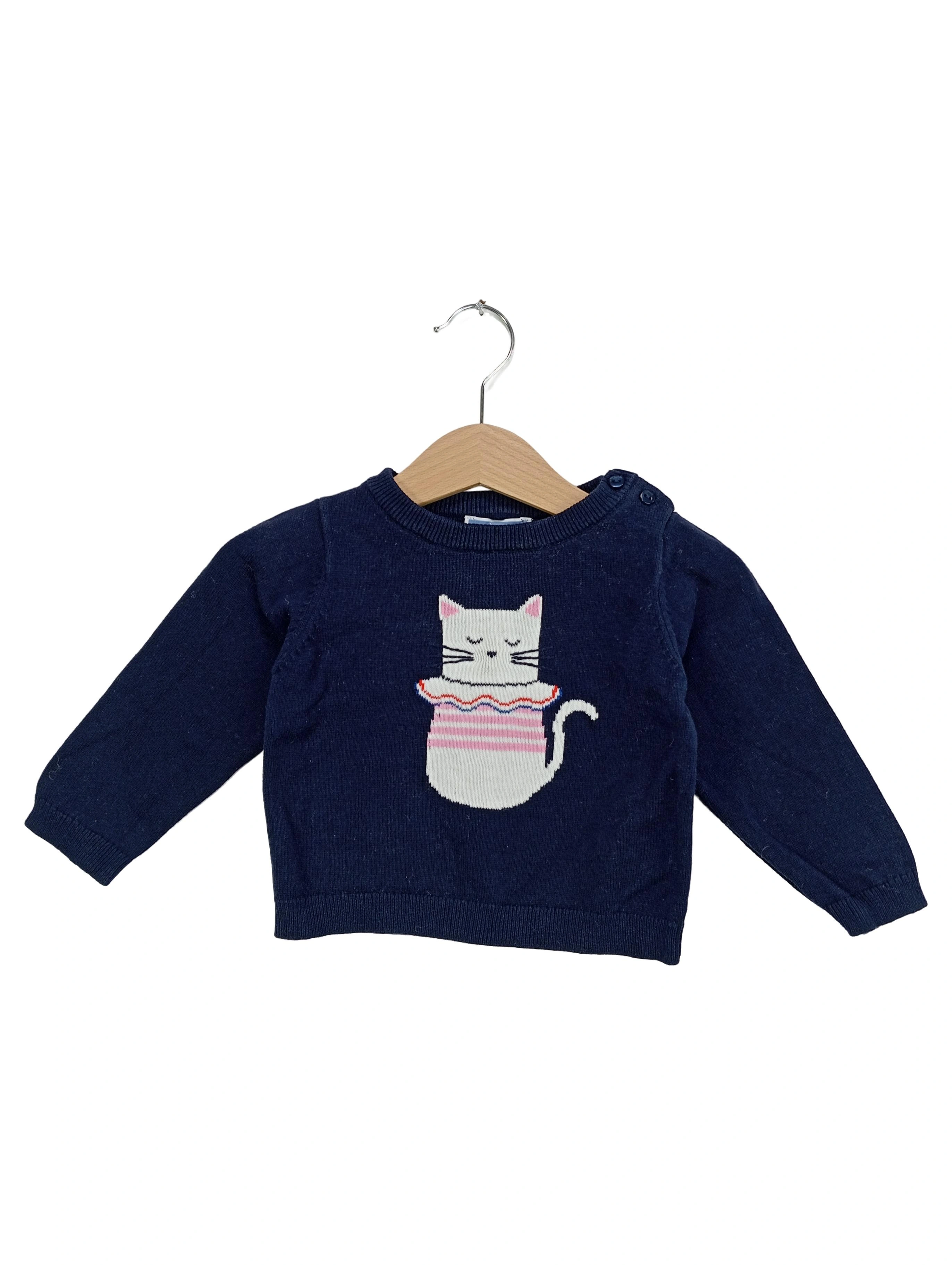 JACADI Kinder Pullover Gr. 74 Blau Katze Langarm Baumwolle 1