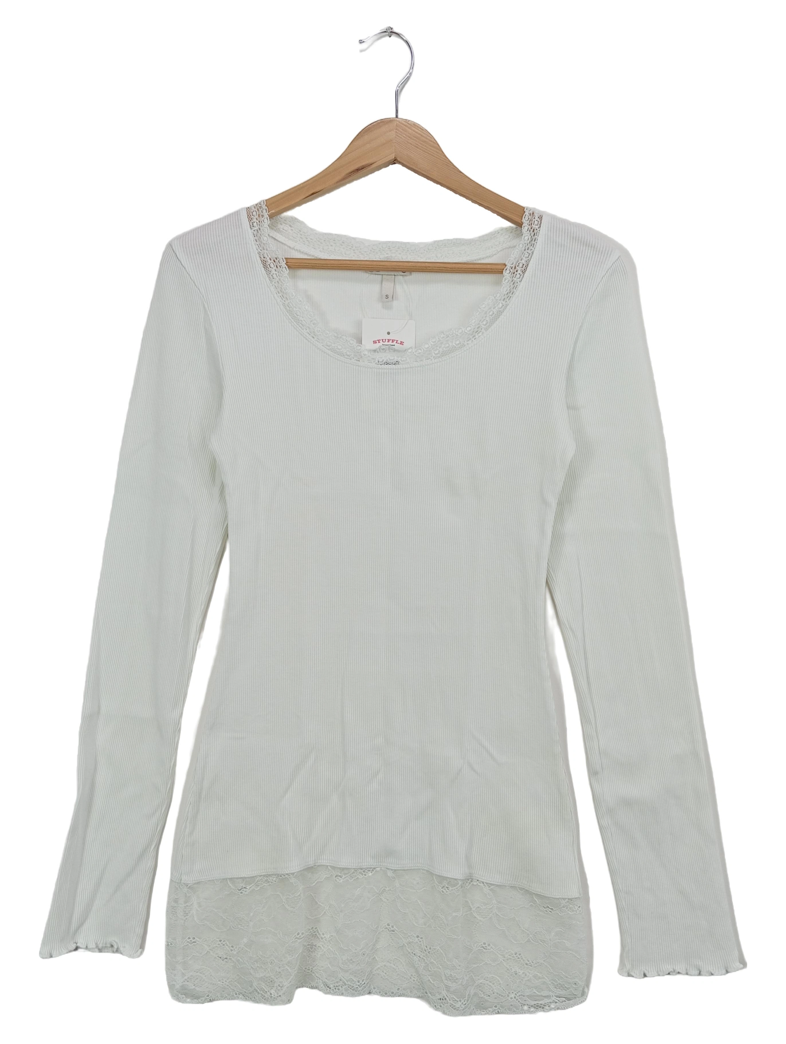 DEERBERG Damen Langarmshirt Gr. 36/S Weiß Casual Feminin Spitze Rippstrick 1