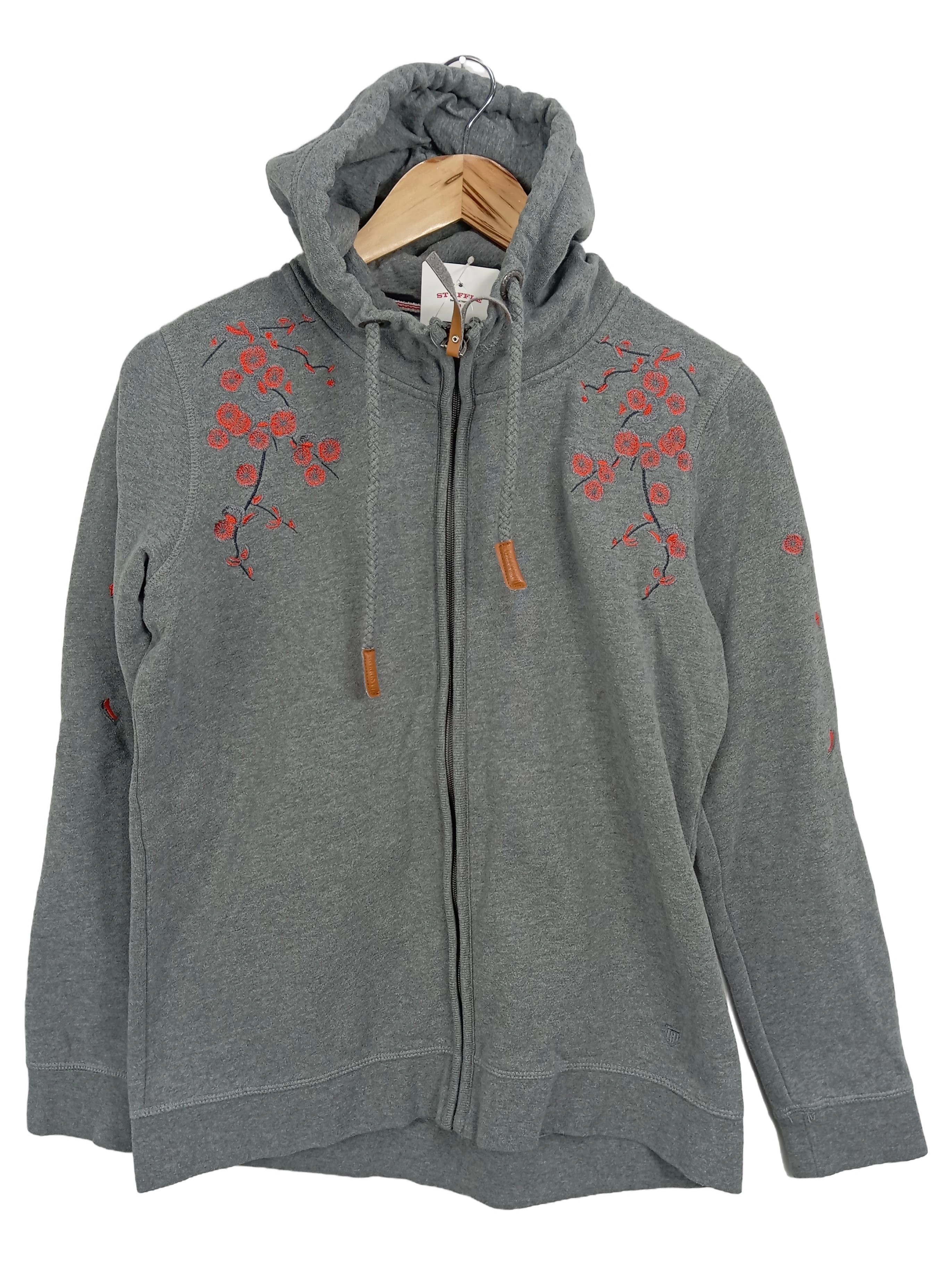 BASEFIELD Leichte Jacke Damen 38/M Grau Hoodie mit floraler Stickerei Kapuze 1