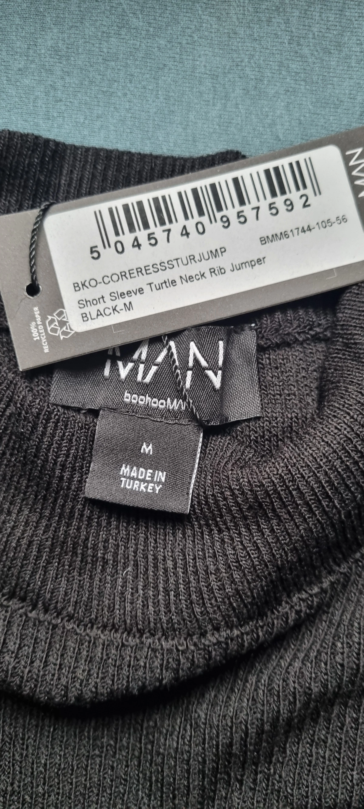 boohooMAN Herren Kurzarm Pullover Rollkragen Rippstrick Schwarz 48/M 5