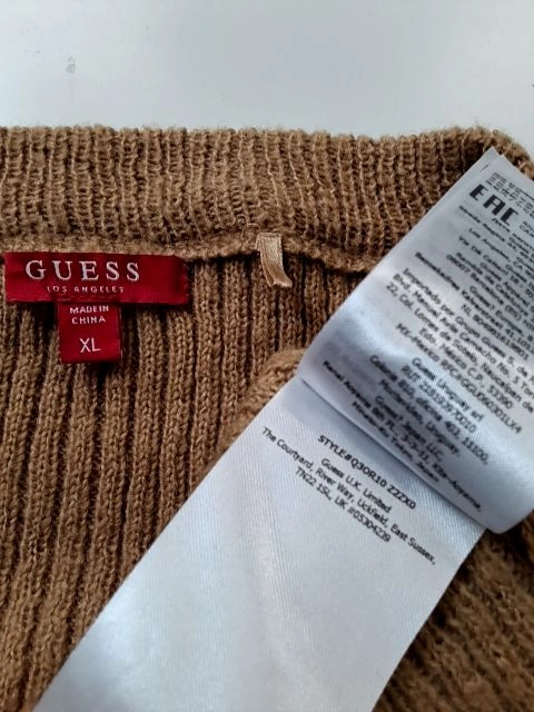 GUESS Damen Pullover Gr. 42, XL Beige V-Ausschnitt Rippstrick Casual 6