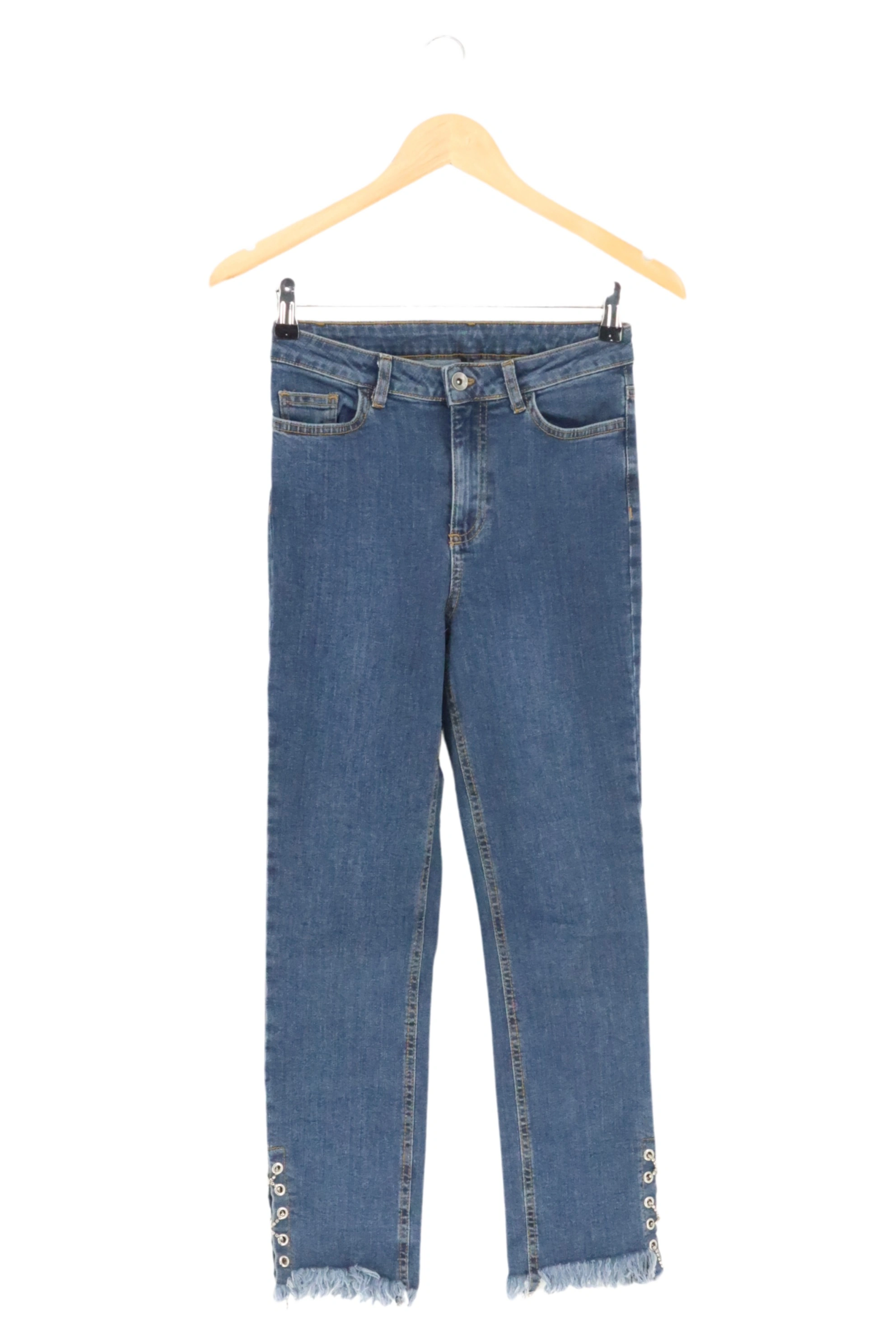 CALZEDONIA Damen Jeans Straight Leg S W27/36 Blau mit Zierknöpfen Fransen 1